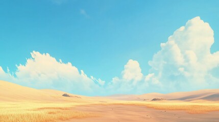 Fototapeta premium Vast desert landscape with light golden grass and soft white clouds in blue sky