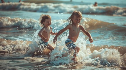 Fototapeta premium Two joyful children play in the ocean waves, capturing the essence of summer fun and carefree moments at the beach.
