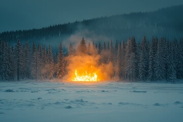 Fototapeta premium Fire erupting in snowy landscape surrounded by trees during early evening hours