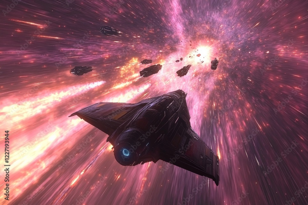 Aufkleber spaceship traveling through a vibrant nebula with asteroids moving in the cosmic expanse