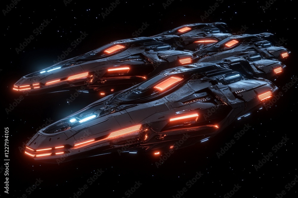 Poster Futuristic spacecraft navigating the depths of space with bright luminescent features