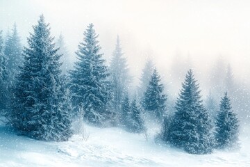 Obraz premium A snowy landscape adorned with pine trees covered in snow, set against an outdoor scenic backdrop
