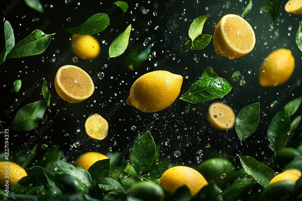 Poster fresh lemons and leaves floating in water create a vibrant and refreshing splash in natural light