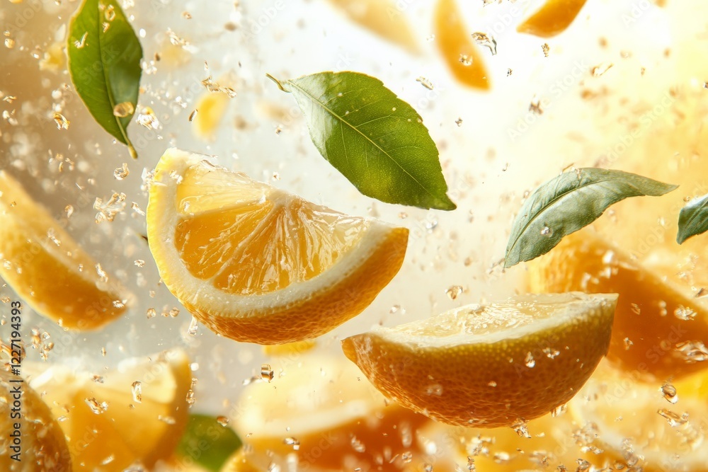 Aufkleber Fresh orange slices splash in sparkling water creating a vibrant and refreshing scene in bright daylight