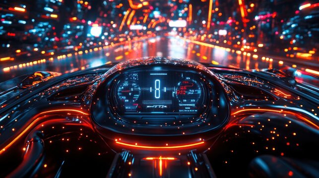 Futuristic car dashboard at night, neon lights.