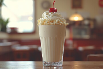 Creamy vanilla milkshake with cherry and whipped cream in retro diner setting