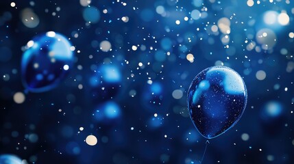 Holiday's blue background with deep blue balloons, confetti, sparkles, lights. Anniversary. Banner for birthday, party, Christmas, New Year, promotion social media cover