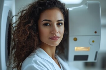 Medical professional in white coat next to advanced imaging equipment in a modern healthcare facility