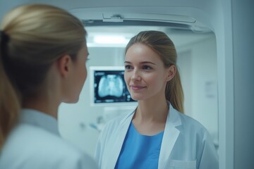 Medical professional interacting with patient in modern healthcare facility