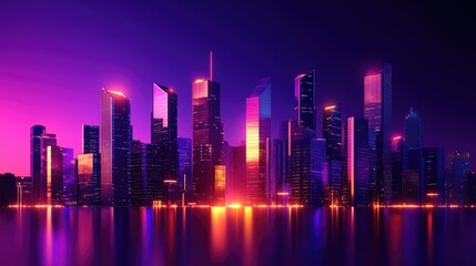 Fototapeta premium Futuristic cityscape at sunset with neon skyline reflections