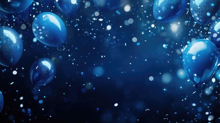 Holiday's blue background with deep blue balloons, confetti, sparkles, lights. Anniversary. Banner for birthday, party, Christmas, New Year, promotion social media cover