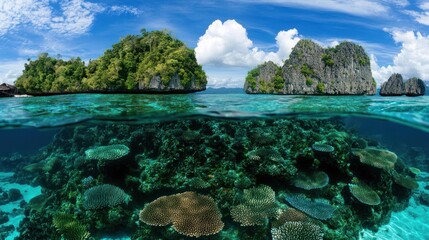 Stunning split-level view of lush islands and vibrant coral reef with clear turquoise water and blue skies