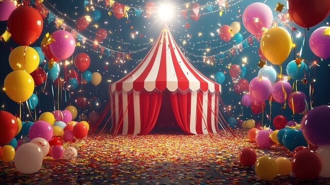 Circus tent with balloons and confetti.