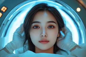 Young woman undergoing a medical examination in a futuristic clinic environment