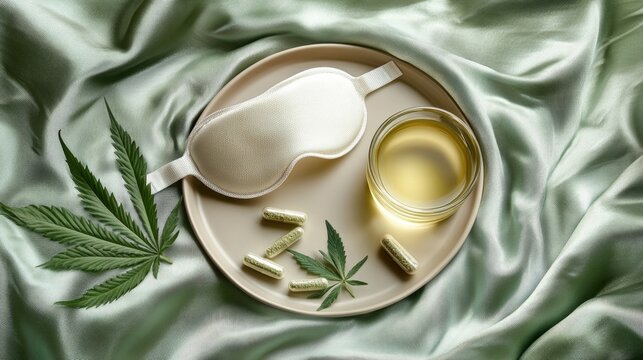 Cannabis sleep aid setup with eye mask, capsules, and leaf on silk background. Healthy sleep, sleepmaxxing. World Sleep Day