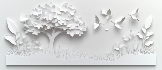White paper art tree, birds, plants, serene background, wall decor