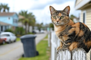 Fototapeta premium Cat lounging on a wooden fence in a suburban neighborhood during a cloudy day