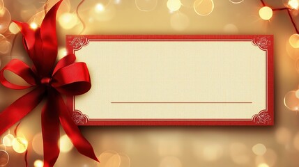 The elegant gift certificate, adorned with a bright red ribbon, rests on a snug, textured background.