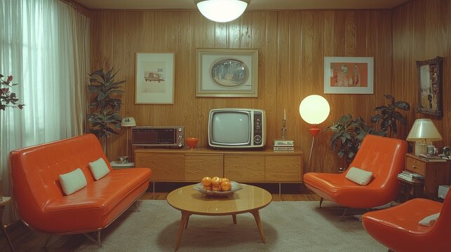 In a retro living room, wood paneling is paired with two armchairs, a couch, a television, and a lamp