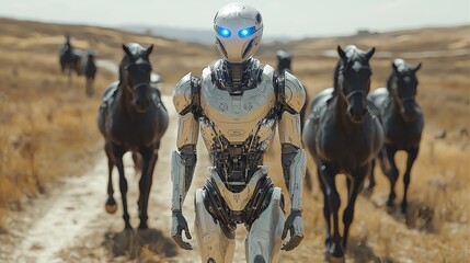 In a field, a cybernetic robot is running with robotic horses