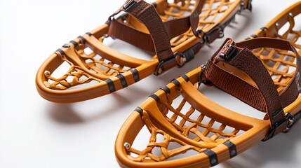 Yellow snowshoes studio shot, winter recreation gear, white background