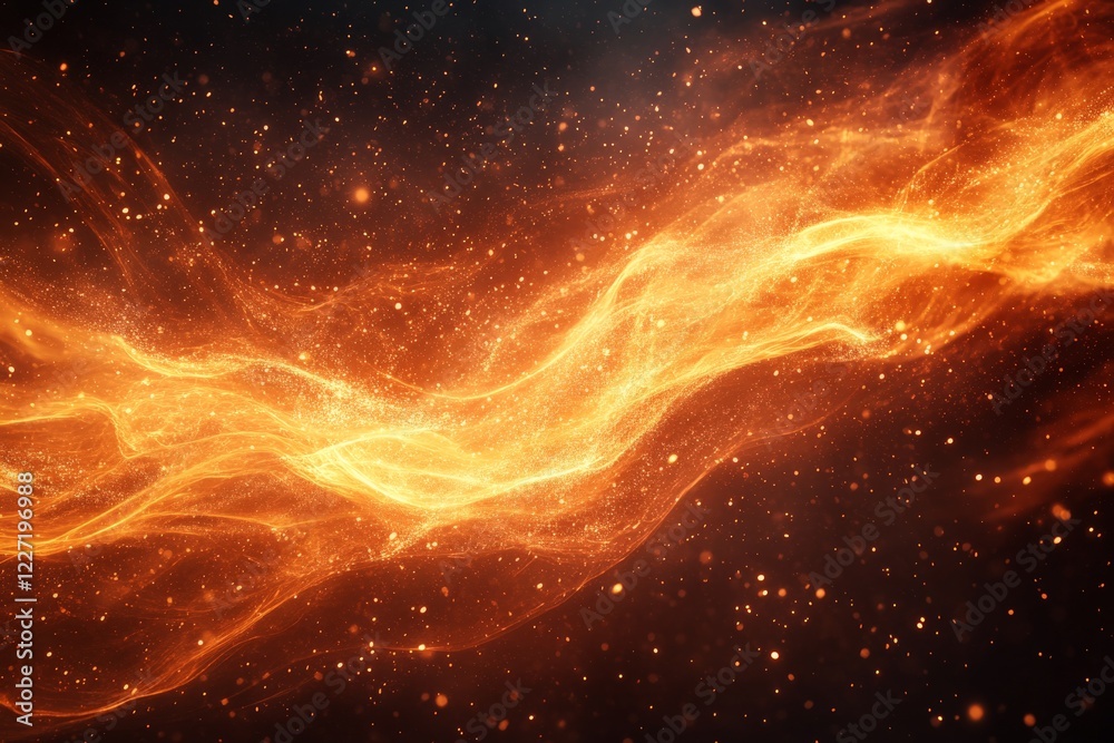 Poster vibrant energy flows through a cosmic landscape filled with fiery colors and swirling particle effec