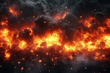 Fototapeta premium Intense flames and smoke rise dramatically in a fiery eruption illuminated by dim, dark clouds above