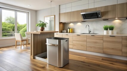 Modern kitchen clean trash bin with lid open and tidy surroundings