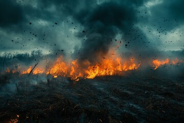 Fototapeta premium Wildfire engulfs dry grassland creating dense smoke and bright flames under a stormy sky