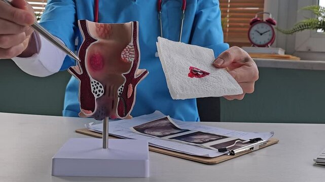 Proctologist and rectum and napkin with blood. Rectal bleeding Rectal bleeding causes, symptoms, diagnosis