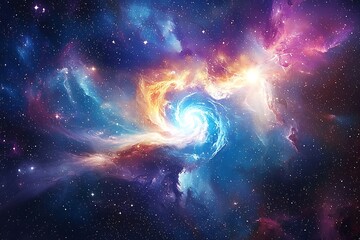 A stunning cosmic nebula swirls in vibrant colors, showcasing a mesmerizing galactic phenomenon with radiant light and deep space beauty.