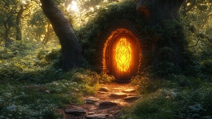 Fototapeta premium Enchanted Forest Door Glowing Warmly Under Sunlight in a Mystical Woodland Setting