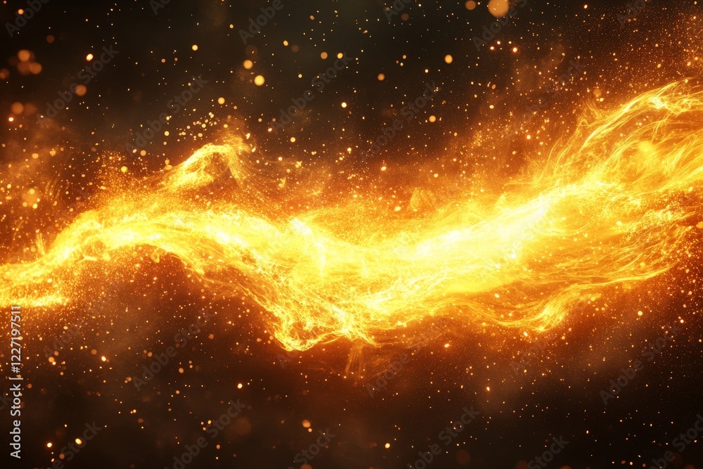 Aufkleber Dynamic golden fire flowing through a dark background filled with shimmering particles and sparkles