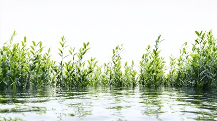Obraz premium Lush green aquatic plants reflecting in calm water against white
