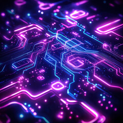 Obraz premium Glowing neon circuit board, data flow, tech background