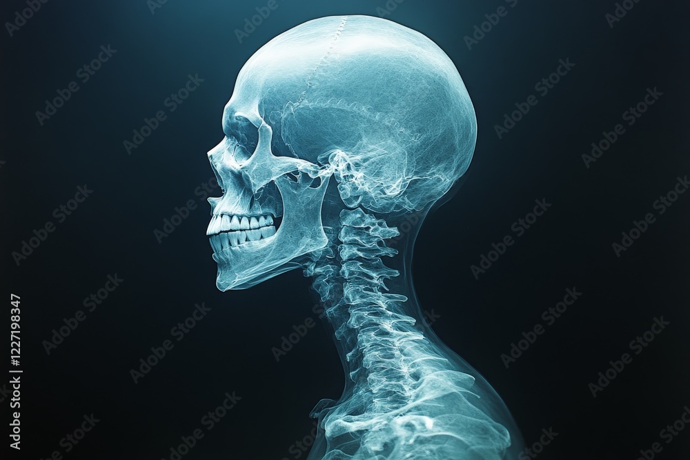 Aufkleber x-ray of a human skull and spine highlighting anatomical details and structure in a darkened environ