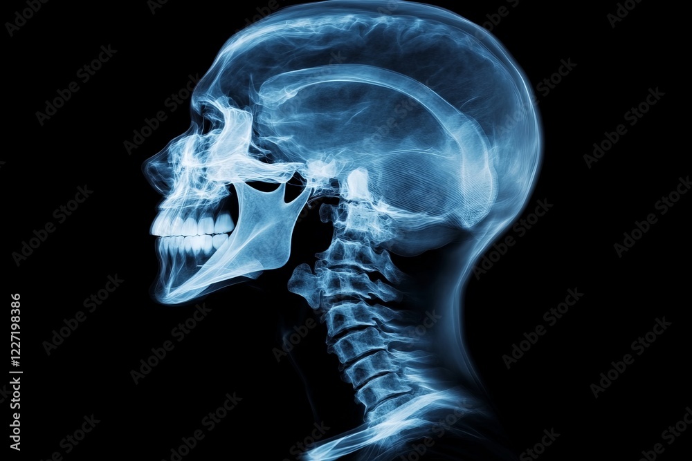Poster detailed x-ray of a human skull highlighting bone structure and alignment in a clinical setting