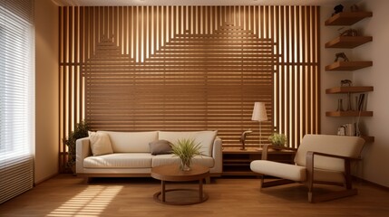 Modern living room featuring wooden decor and natural light with stylish furniture and decor elements