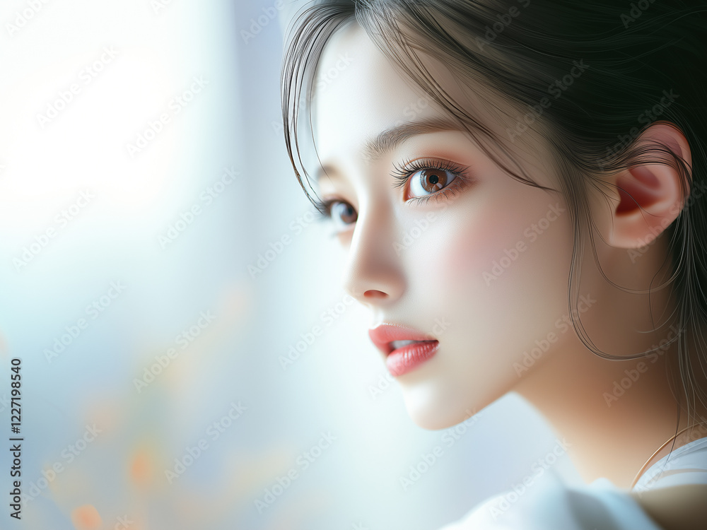 Poster 美肌の若くて可愛いアジア女性モデルの横顔の美容ポートレート。ぼんやりとした風景の背景。