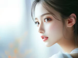 美肌の若くて可愛いアジア女性モデルの横顔の美容ポートレート。ぼんやりとした風景の背景。