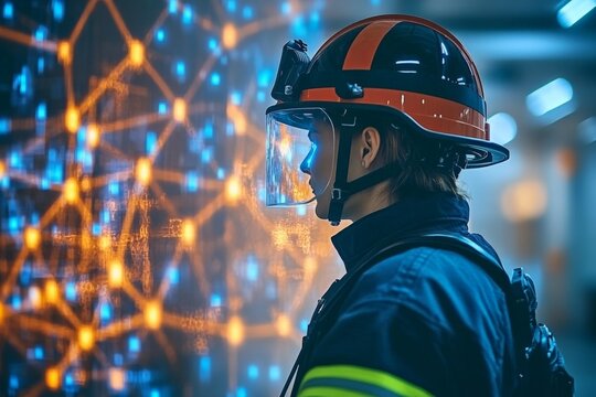 Firefighter studying advanced technology at a training facility during the evening