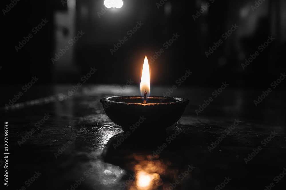 Poster flickering light of clay lamp creates a serene atmosphere in a dimly lit room during evening hours