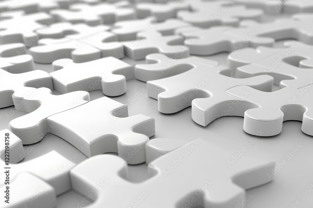 Poster Stacked pieces of an unfinished puzzle, highlighting the intricate shapes and textures in a minimalistic environment