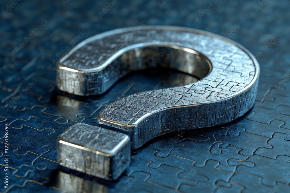 Aufkleber Metallic puzzle piece forming a question mark on a textured blue background in a conceptual design format