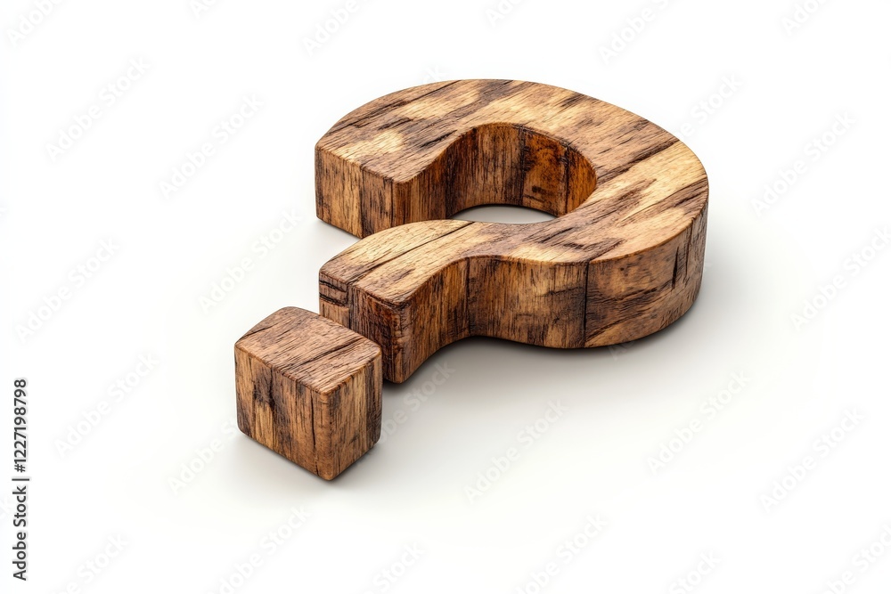 Aufkleber wooden question mark symbol placed on a white backdrop emphasizing curiosity and inquiry