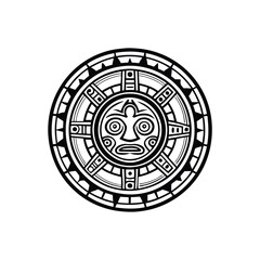 Design a minimalist, vector logo incorporating the iconic imagery of the Aztec Sun Stone calendar.  Emphasize intricate detail and bold, symbolic representation.