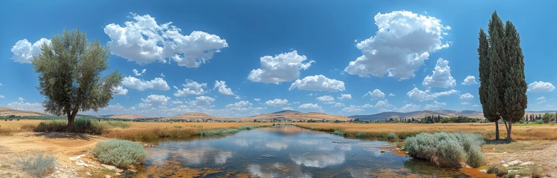 An aerial panorama showcasing Kibbutz Nir David in Northern Israel, framed by surrounding agricultural fields