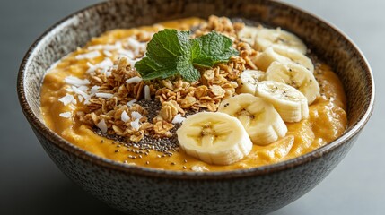 A vibrant smoothie bowl topped with sliced bananas, granola, chia seeds, and coconut flakes, served in a minimalist bowl with a fresh and healthy look.