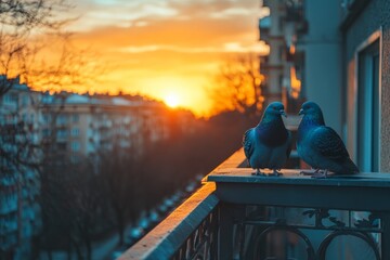 Fototapeta premium Birds perched on a balcony as the sun sets over a cityscape in the evening light