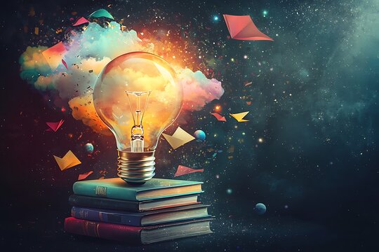 A glowing light bulb atop stacked books, symbolizing knowledge and creativity, with cosmic elements and vibrant colors in the background.